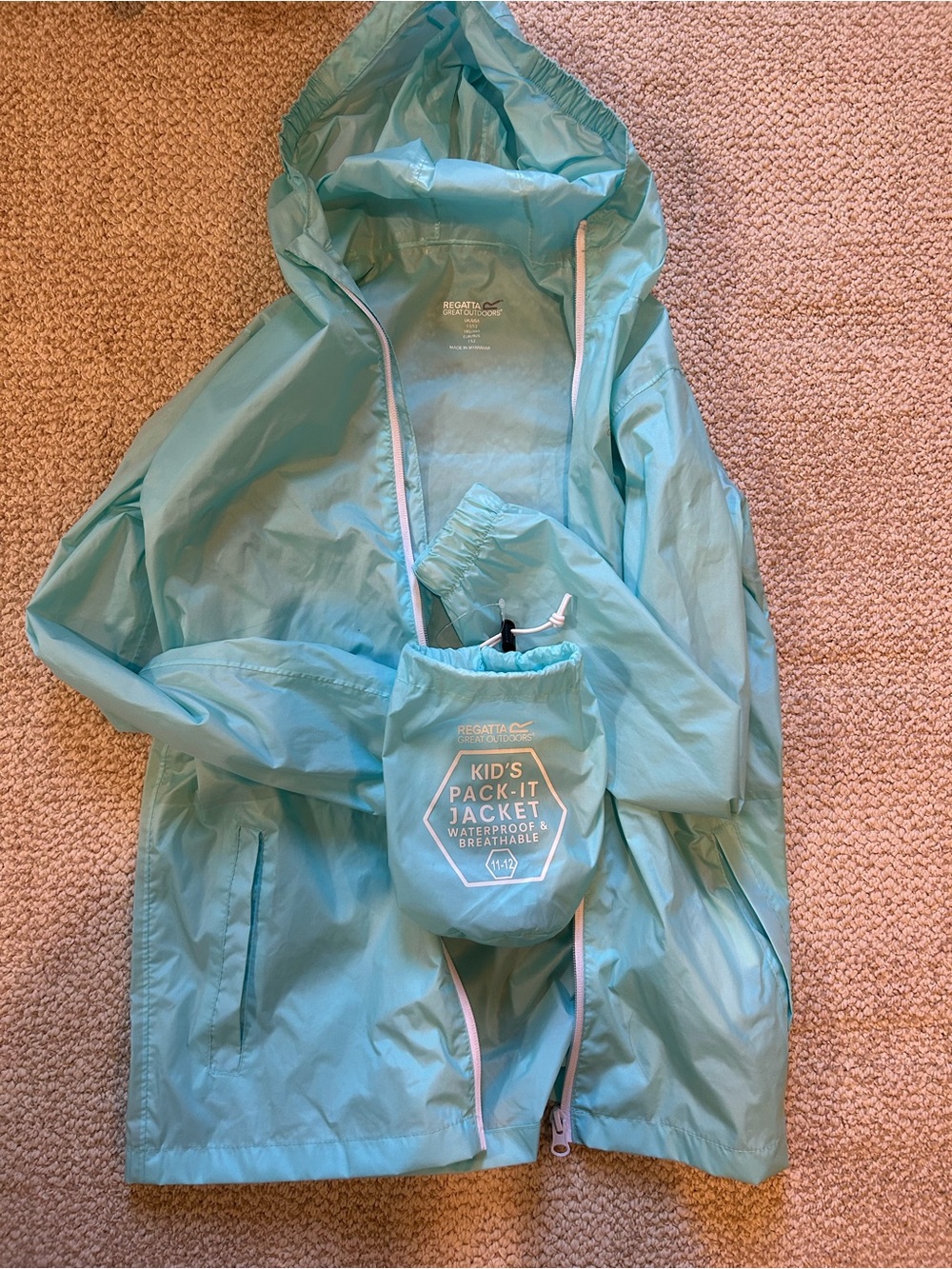 Regatta Kids Pack-It Waterproof Jacket - Light Aqua, size 11/12